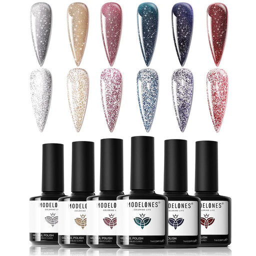 Modelones 6 shades gel polish Glitter Set. In the spotlight