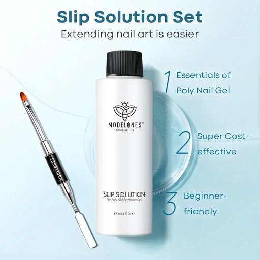 Modelones Slip solution 120 ml. + poly gel kost med spatel.